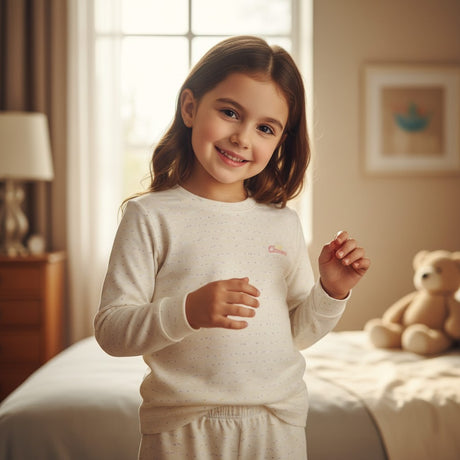 Smiling girl standing in a bedroom wearing a cream speckled sweatshirt pyjama set
