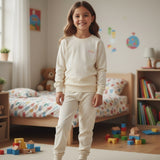 Girl in a cream sweatshirt pyjama set with cuffed joggers