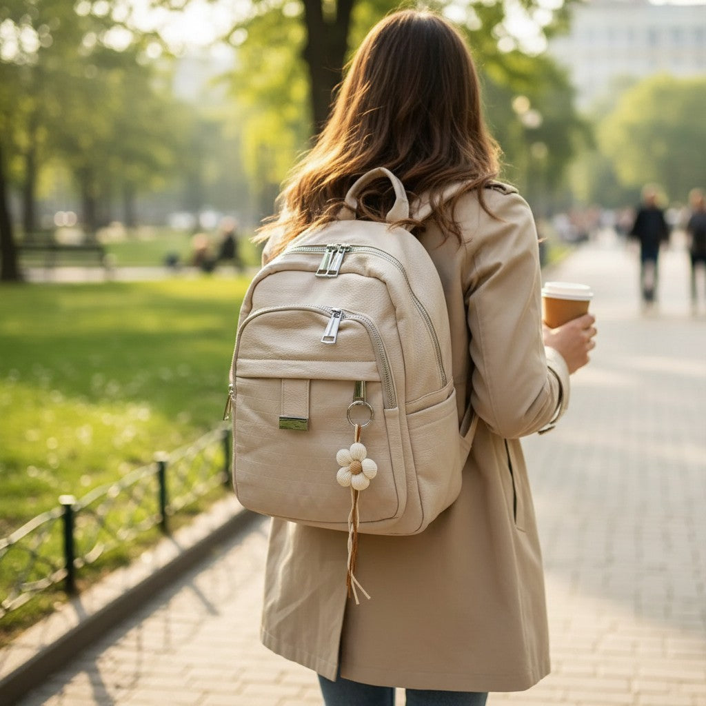 Cream textured backpack with metal bar and woven flower charm, Jack Gifts Online Lebanon