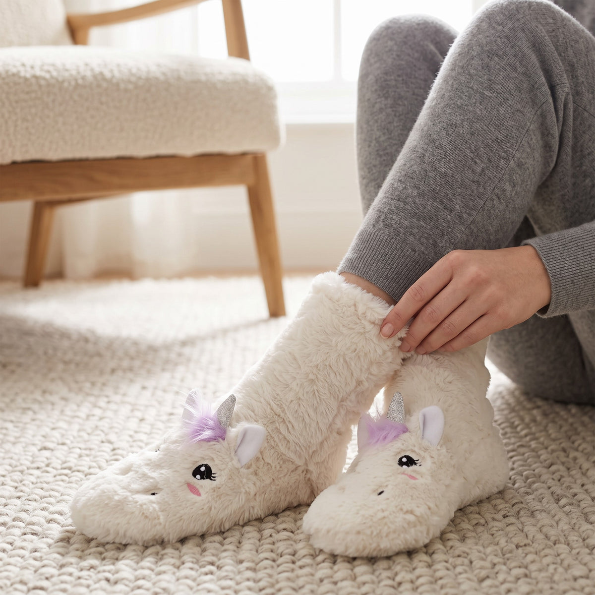Pair of cream unicorn slipper socks worn together on a woven rug
