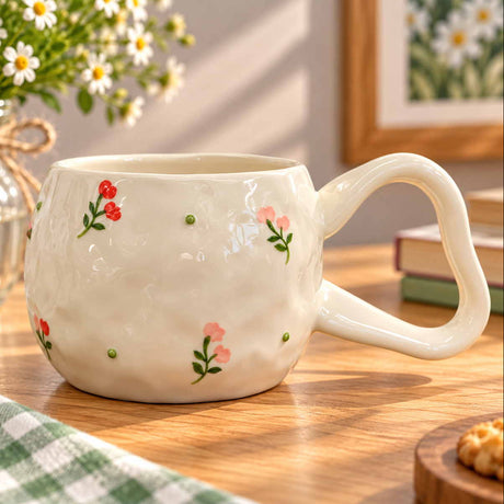 Tiny red and pink wildflowers on green stems raised over a dimpled cream mug