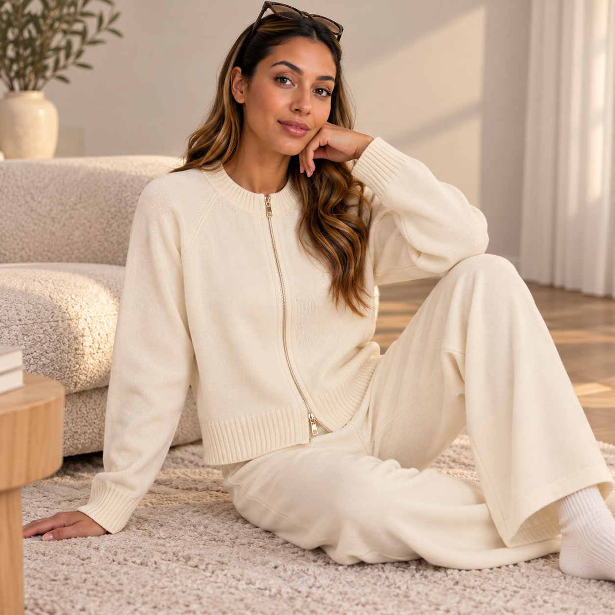 Cream zip up knit cardigan with a gold zip and matching wide leg pants, worn sitting on a rug