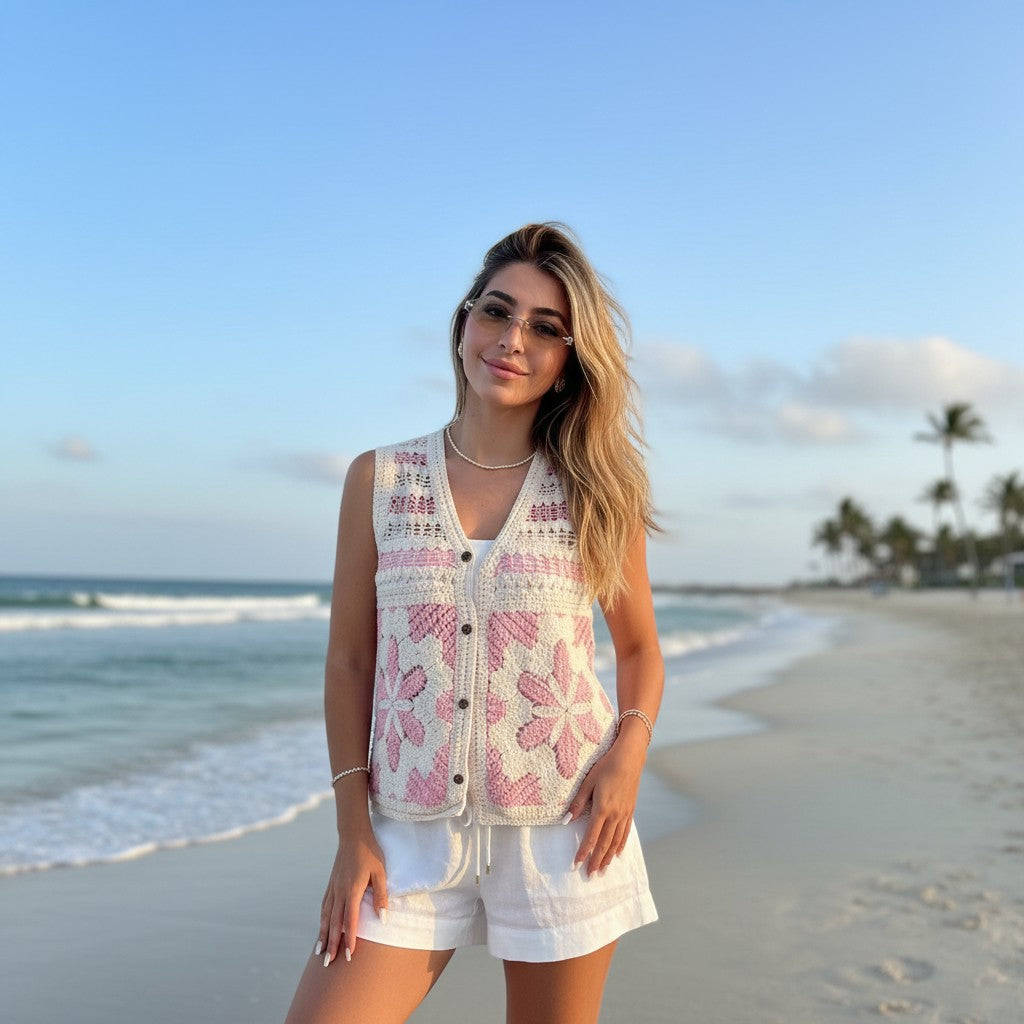 Woman in a pink patterned vest and white shorts standing on a beach with palm trees in the background.