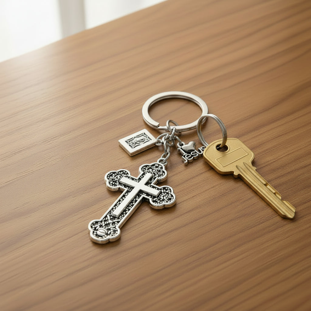 Silver filigree cross keychain with a Jesus charm on a wooden table, Jack Gifts Online Lebanon