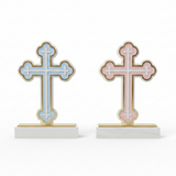 Blue and pink budded crosses side by side, small white crosses set into each lobe