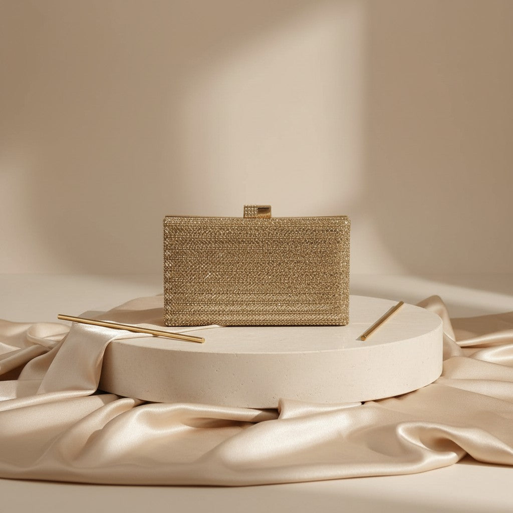Gold crystal covered box clutch with clasp closure