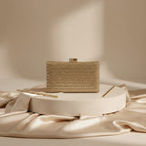 Gold crystal covered box clutch with clasp closure