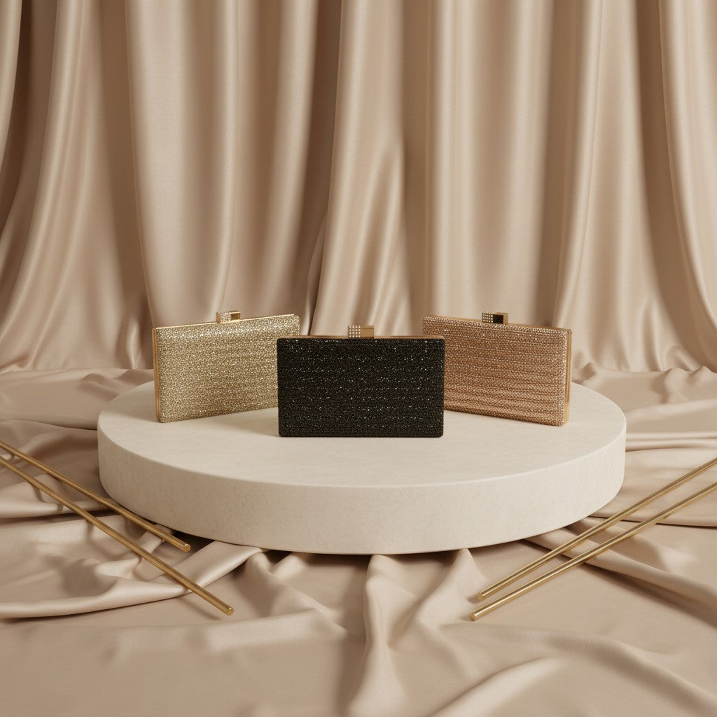 Crystal box clutch bags in gold, rose gold and black, Jack Gifts Online Lebanon
