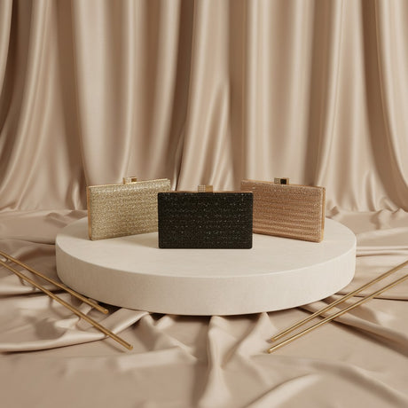Crystal box clutch bags in gold, rose gold and black, Jack Gifts Online Lebanon