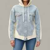 Front view of a light wash denim hoodie jacket with cream side panels, drawstring hood and crystal pockets
