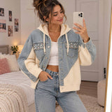 Mirror selfie in a denim and cream knit patchwork hoodie jacket with sparkly crystal chest pockets
