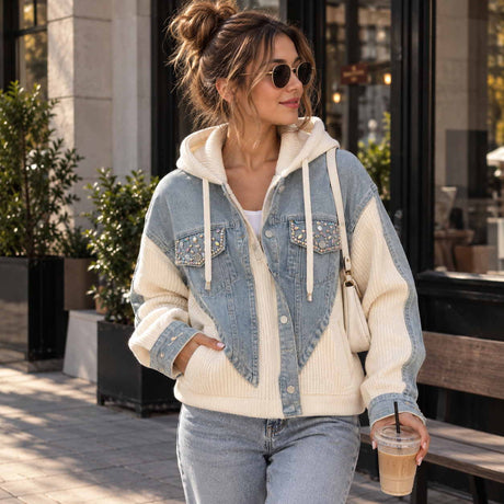 Light blue crystal denim hoodie jacket with cream knit sleeves and rhinestone pockets, worn with jeans on a city street
