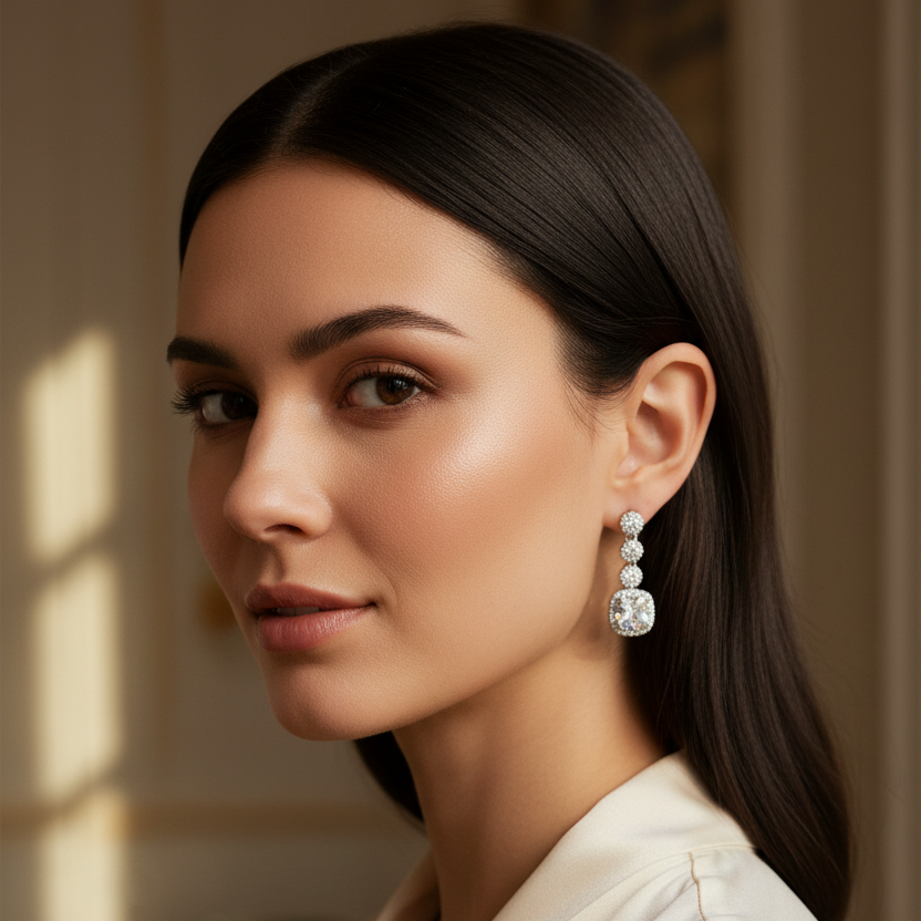 Woman wearing crystal drop earrings with a neutral background
