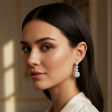 Woman wearing crystal drop earrings with a neutral background