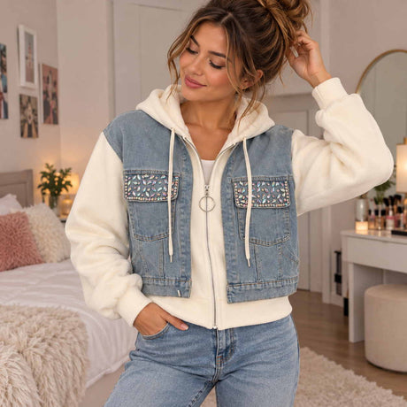 Light denim zip hoodie jacket with cream fleece sleeves, a ring pull zipper and rhinestone embellished chest pockets
