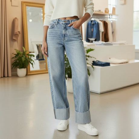 Person wearing light blue cuffed jeans and white sneakers in a store setting