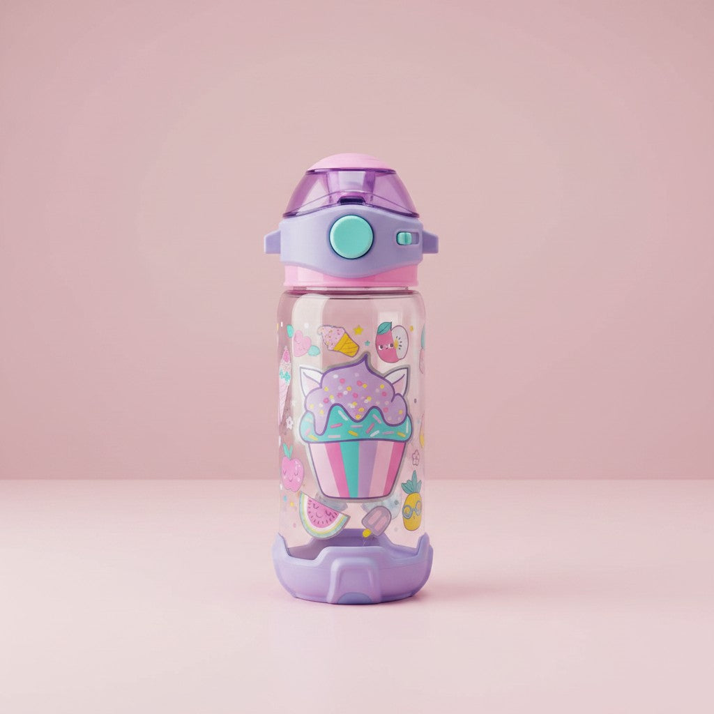 Kids pastel cupcake print water bottle with lilac flip straw lid, Jack Gifts Online Lebanon