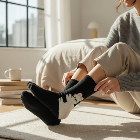 Person wearing black socks with white bunny prints in a cozy living room