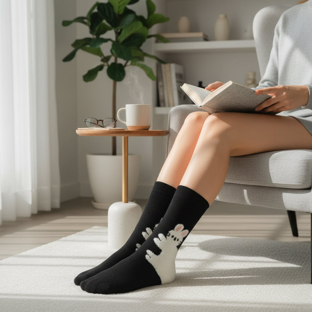 Person sitting on a couch wearing black socks with white bunnies, reading a book in a cozy living room.