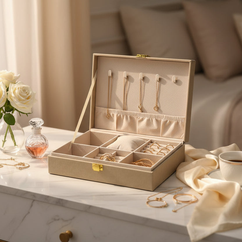 Champagne jewelry box open with gold necklaces on the lid hooks and rings in the tray