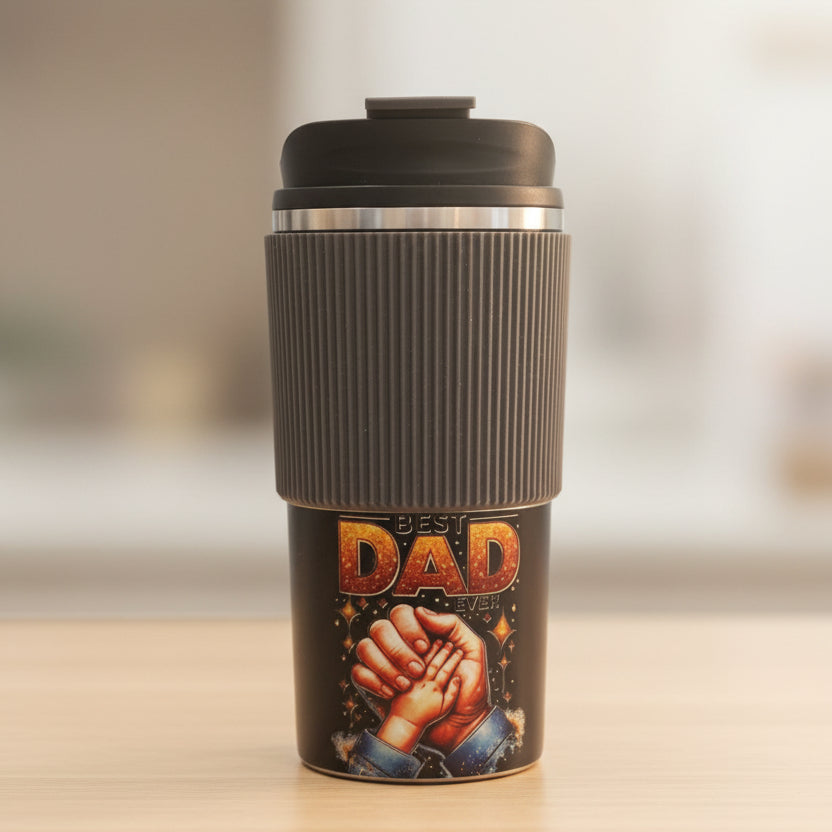 Travel mug with 'DAD' design in a store setting