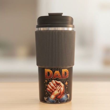 Travel mug with 'DAD' design in a store setting