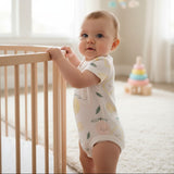 Baby holding a crib rail in a white short sleeve bodysuit with an allover pastel lemon and leaf print