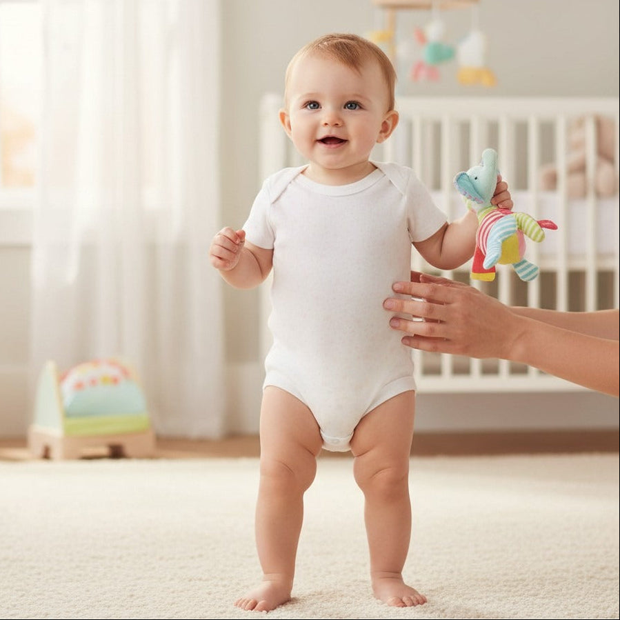 Baby standing on a nursery rug in a plain white short sleeve bodysuit while holding a soft toy