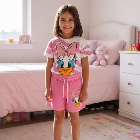 Girls pink and white striped Daisy Duck tee with bright pink drawstring shorts