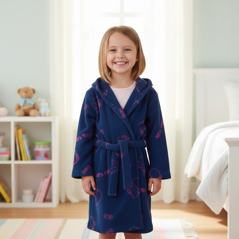 Young girl wearing a blue robe with pink Hello Kitty patterns in a bedroom setting