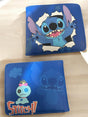 Royal blue bifold Stitch wallet laid flat beside its back panel with a Scrump doll print