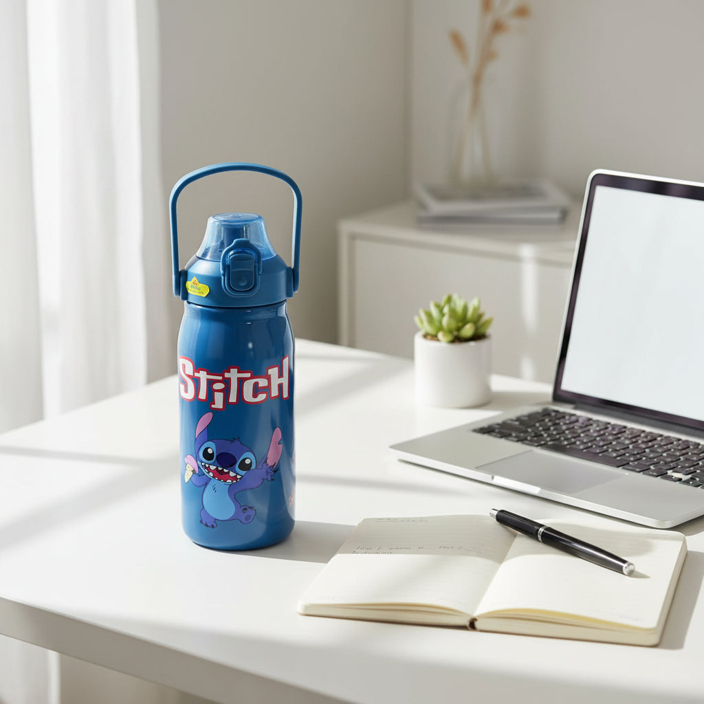 Navy Stitch water bottle with the folding carry bail raised over the cap