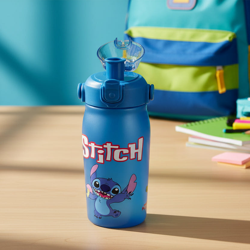 Navy Stitch water bottle with the flip cap open showing the drinking spout