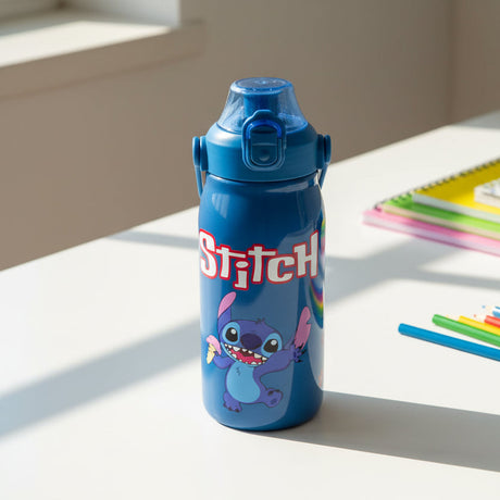 Navy Stitch stainless steel water bottle with an ice cream print and blue cap