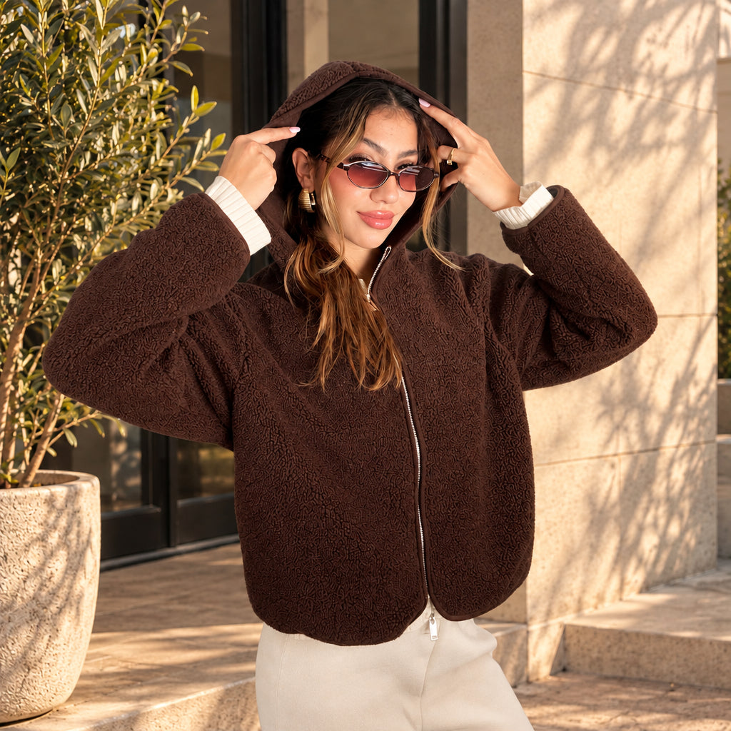 Dark brown sherpa fleece zip jacket with the hood up