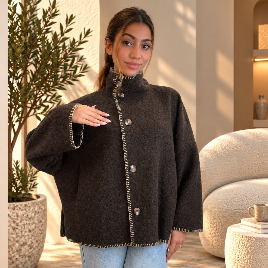 Buttoned dark brown boiled wool jacket with a stand collar and stitched edges