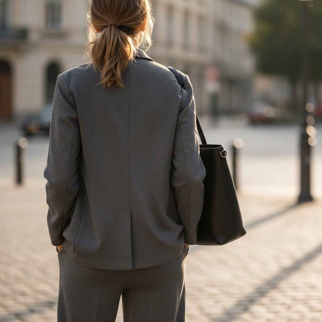 Back view of a charcoal grey jersey blazer worn with a black tote bag