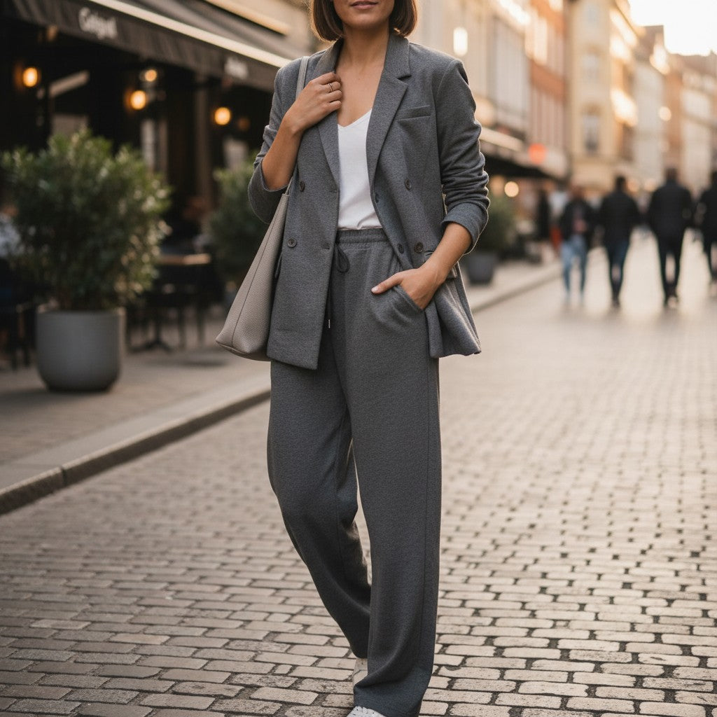 Charcoal grey blazer and joggers worn with a white tee walking a cobbled street