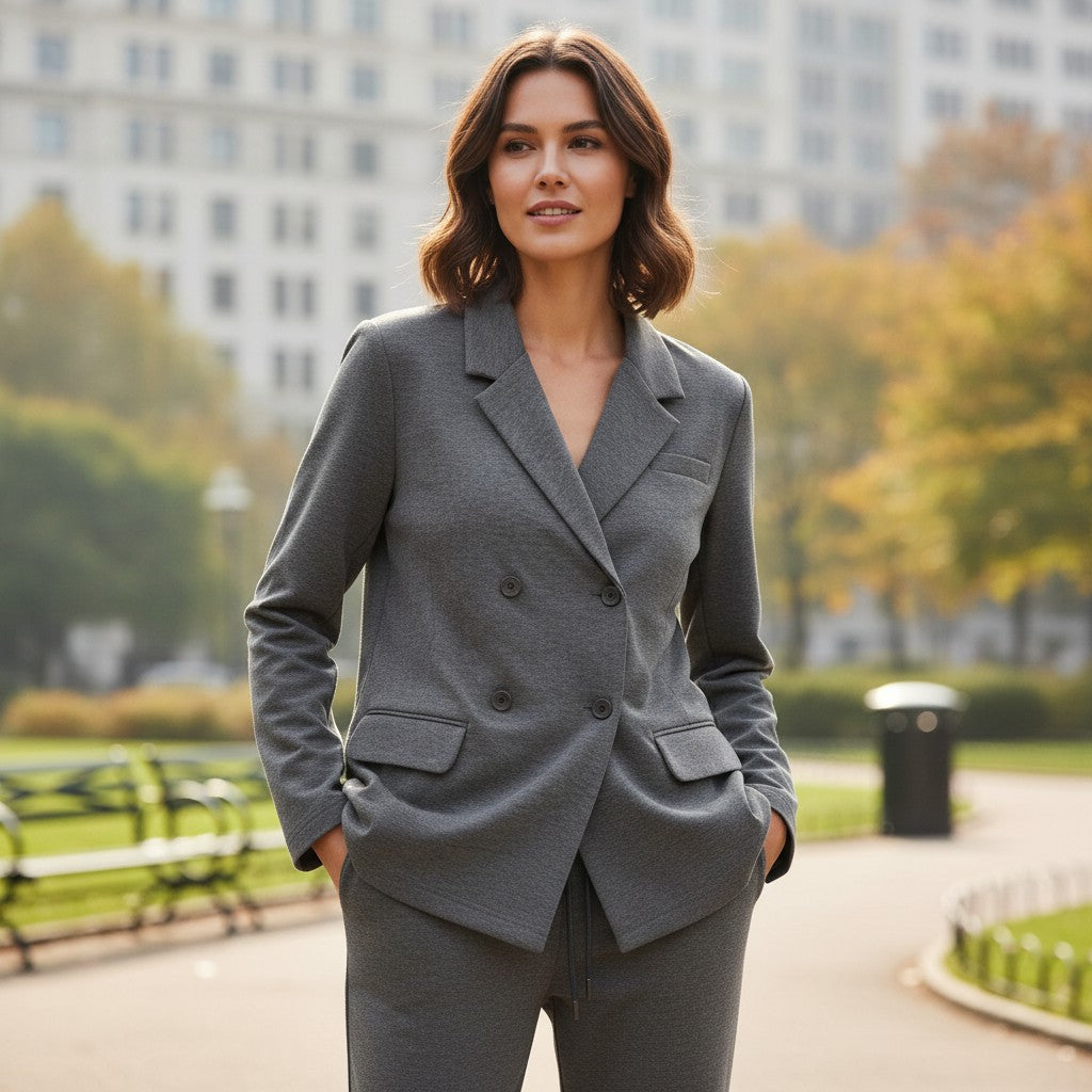 Women's charcoal grey double breasted jersey blazer with matching wide leg joggers