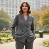Women's charcoal grey double breasted jersey blazer with matching wide leg joggers