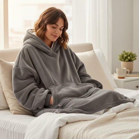 Woman wearing a gray hoodie blanket sitting on a bed in a cozy room.