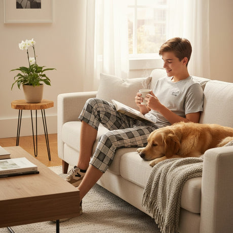Dark grey pantacour pyjama set worn on a sofa with a golden retriever
