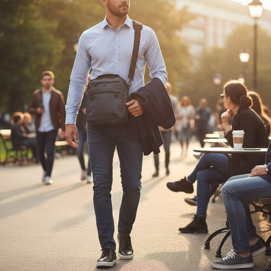 Man walking outdoors with a dark grey utility bag, people sitting at tables in the background