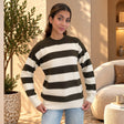 Dark olive and white wide striped wool sweater with a crew neck, worn with light wash jeans