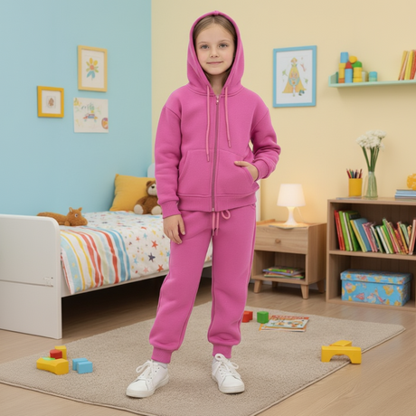 Girl in a dusty pink zip up hoodie and matching joggers