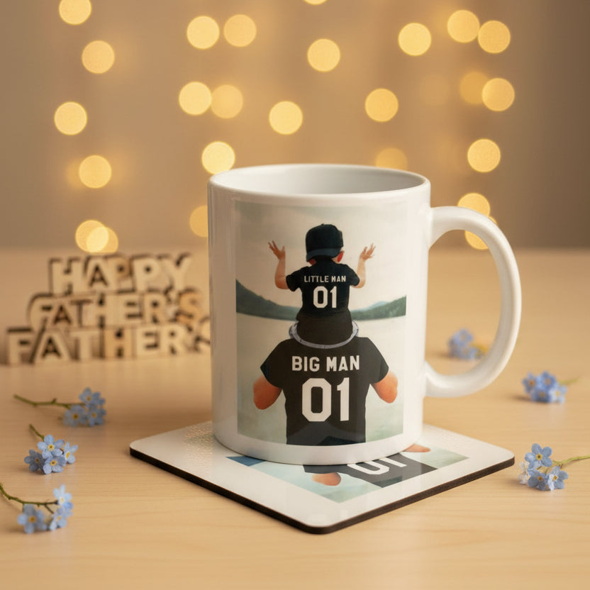 Mug and coaster set with 'Little Man' and 'Big Man' design on a store shelf.
