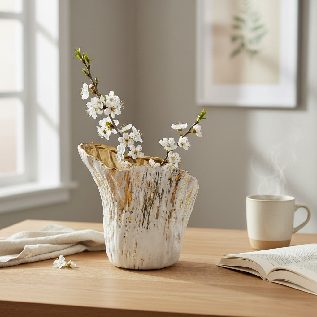Short gold brushed vase holding white blossom branches on an oak desk by a window
