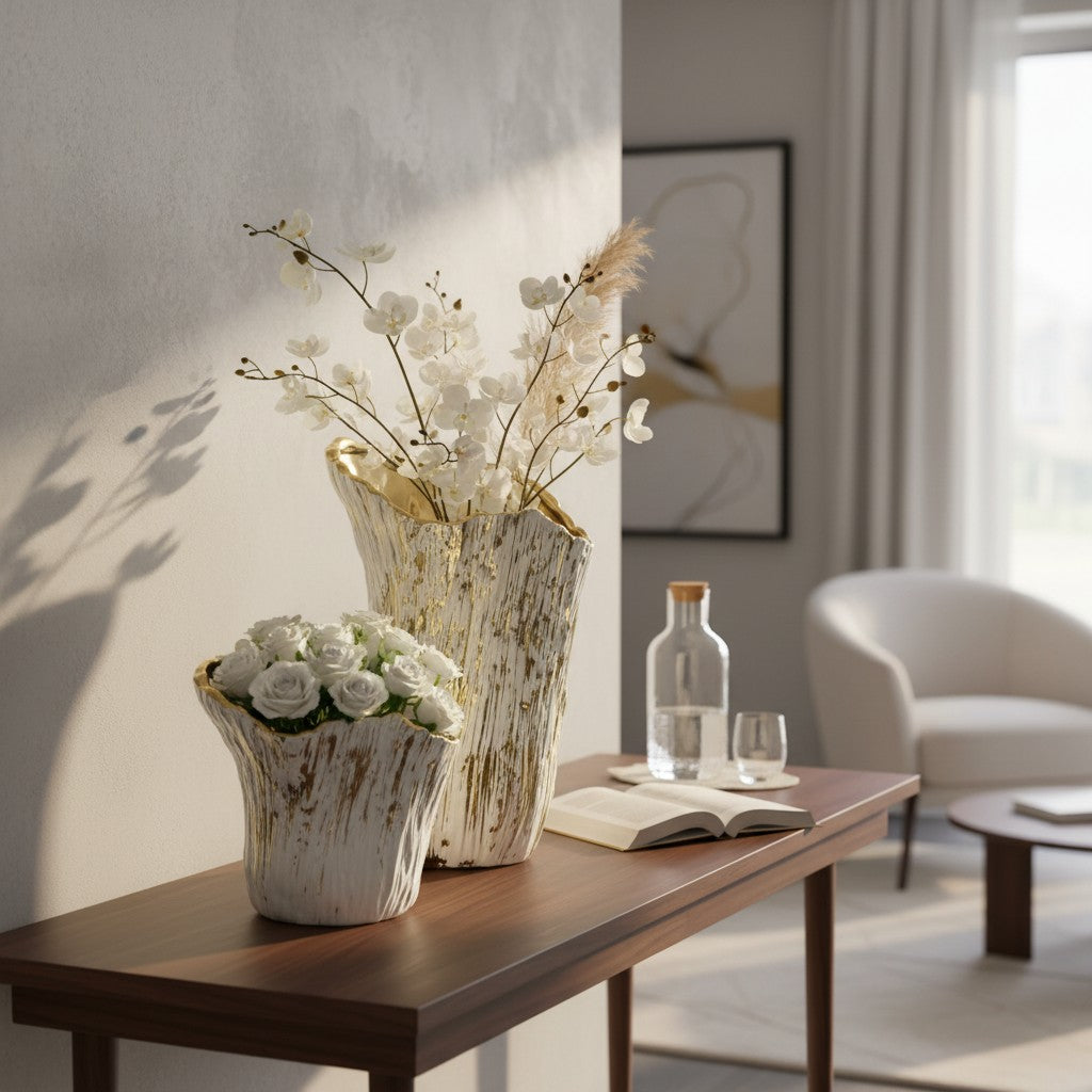 Both sizes on a walnut console, orchid stems in the tall one and roses in the short
