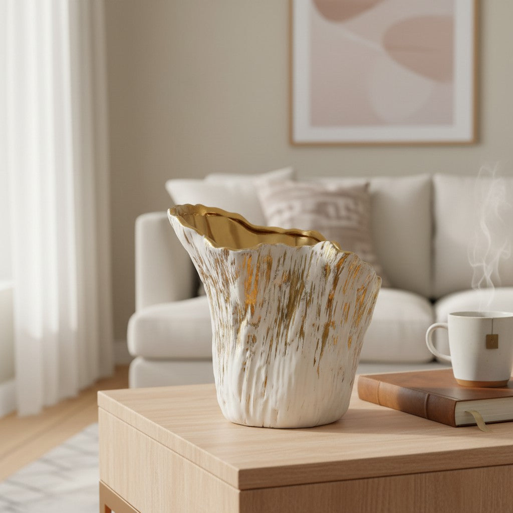 The short vase empty, its glossy gold lining visible, beside a mug and a leather book