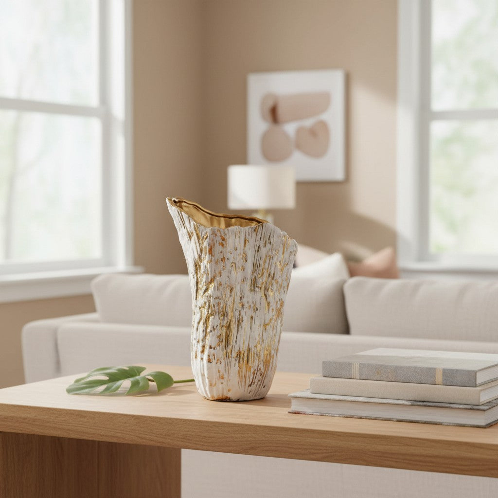 The tall vase standing empty on an oak table with a monstera leaf laid beside it